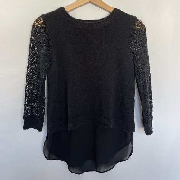 Lucky Brand Black Crochet Sleeve Knit Top With Sheer Hem Detail classy goth - Picture 1 of 7